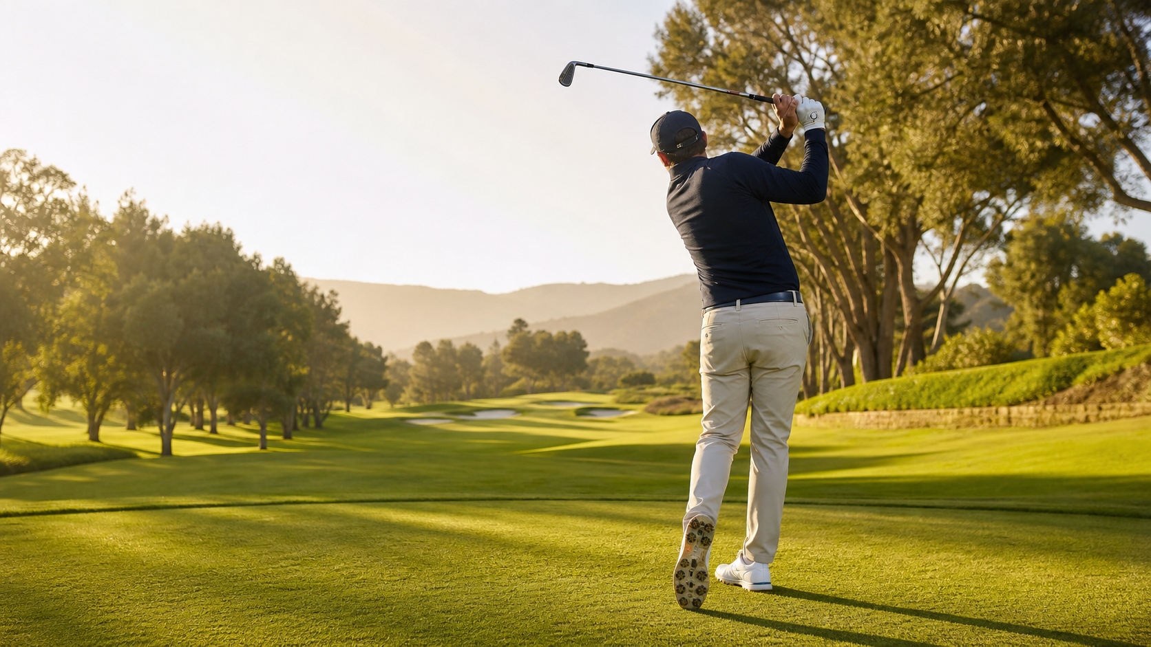 Golfer completing a smooth full-motion swing on a sunlit golf course