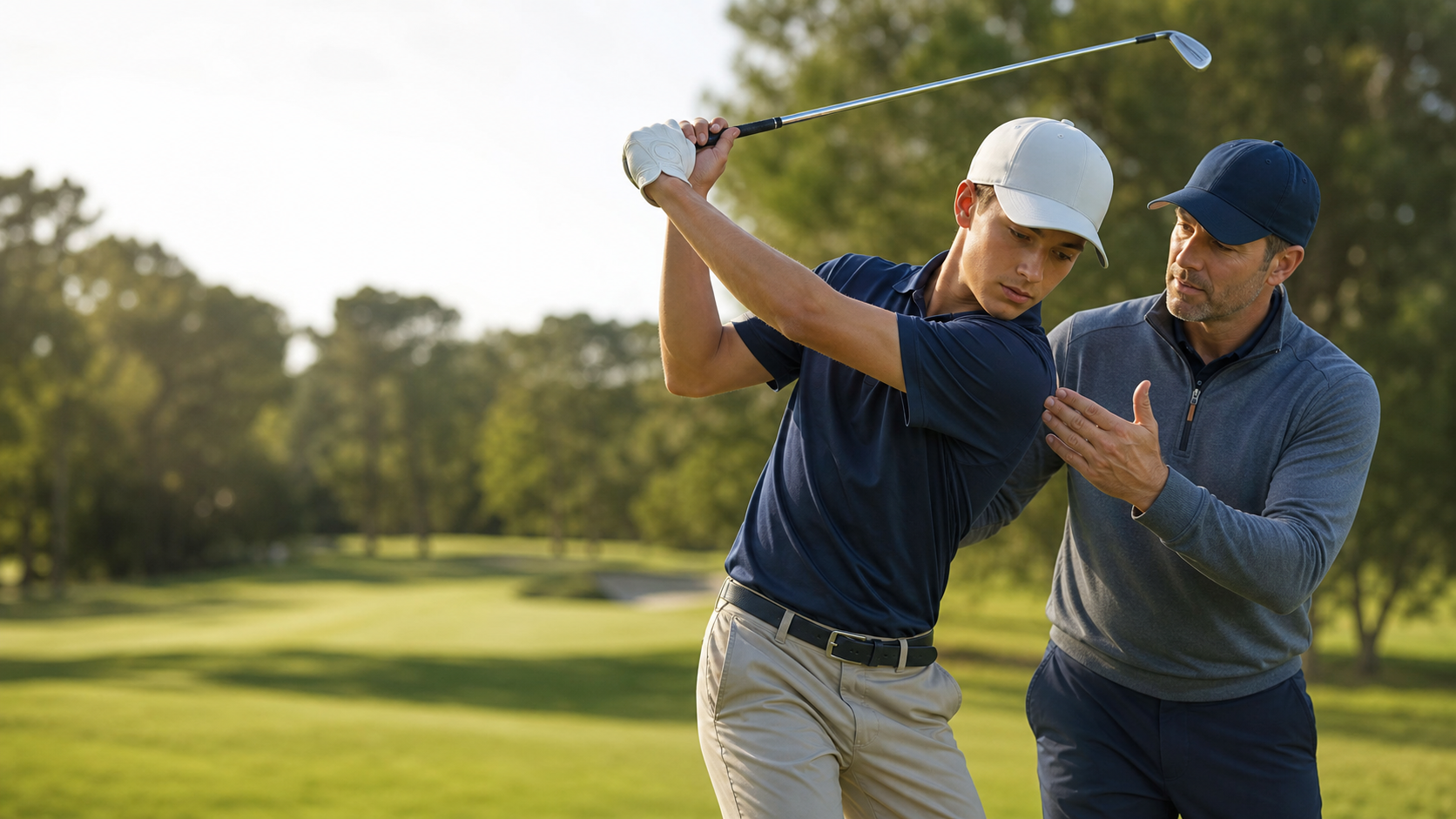 Golf coach helping a young golfer build a connected backswing