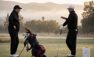Two golfers discussing a shot on the practice course