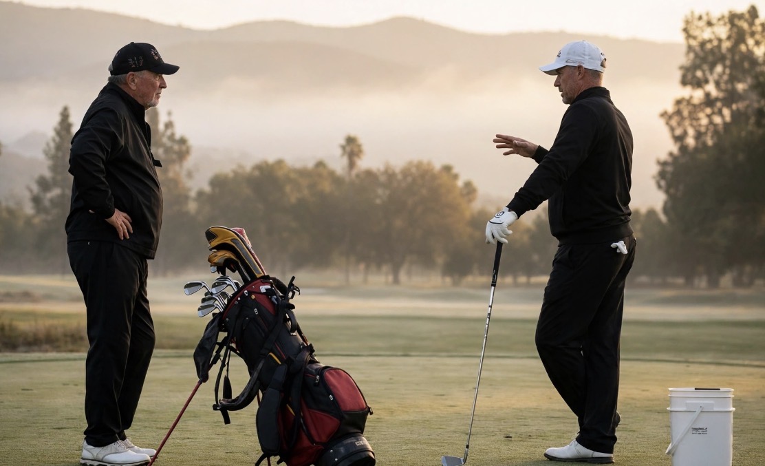 Two golfers discussing a shot on the practice course