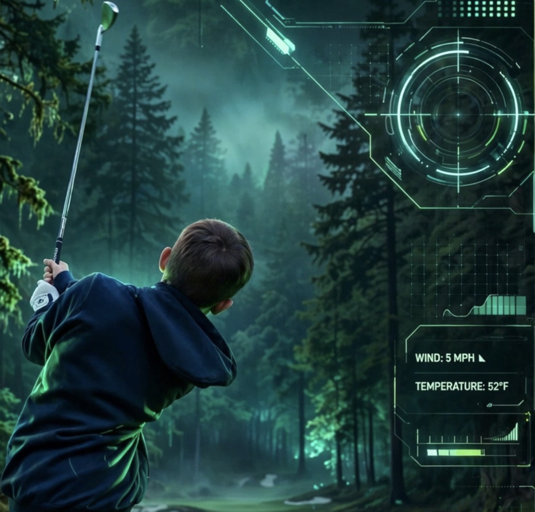 Junior golfer following through on a shot with golf distance and trajectory graphics.