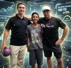 Two golf coaches standing with a young golfer in a data-analysis setting