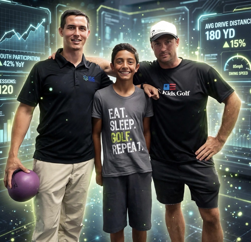 Two golf coaches standing with a young golfer in a data-analysis setting